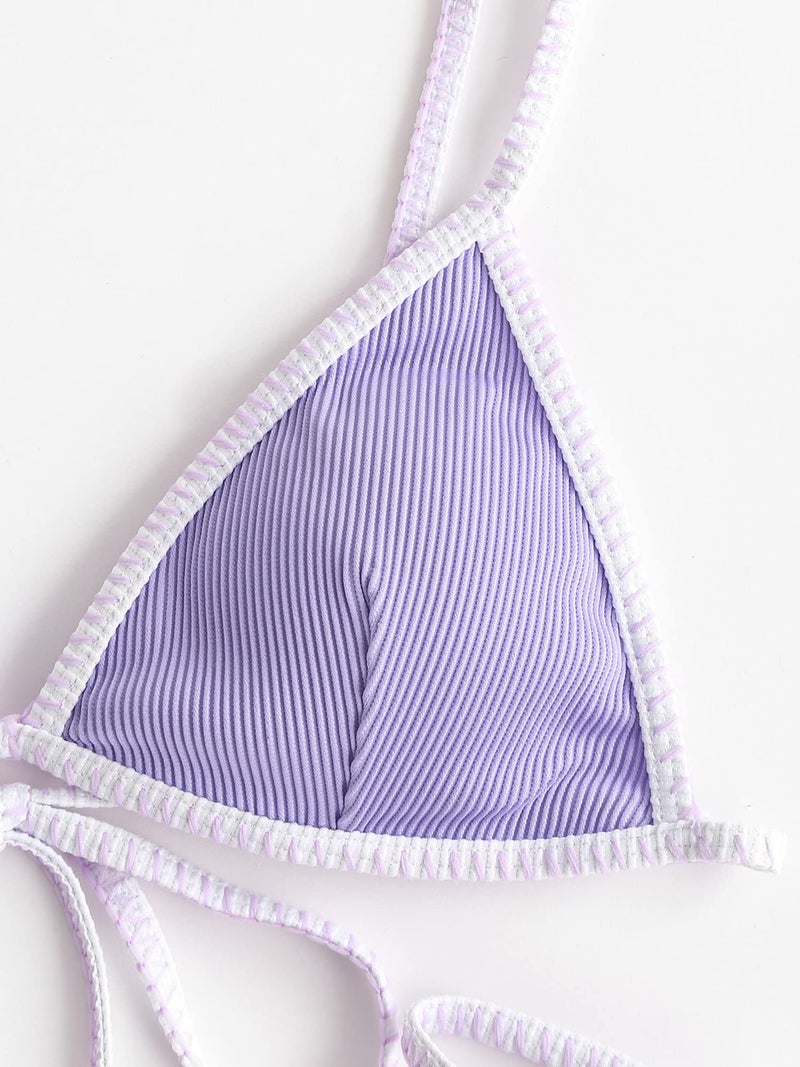 ZAFUL Women's Triangle Bikini Tie Side Whip Stitch String Bikini Two Piece Swimsuit Bathing Suits (3-Mauve, M) - Image 4